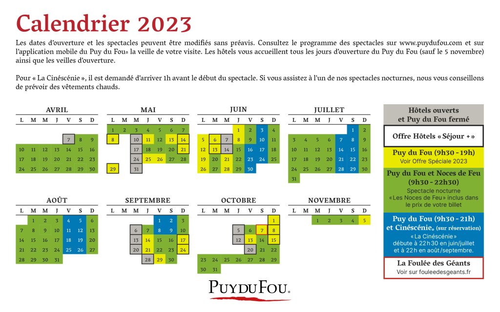 Calendrier Puy du Fou 2023