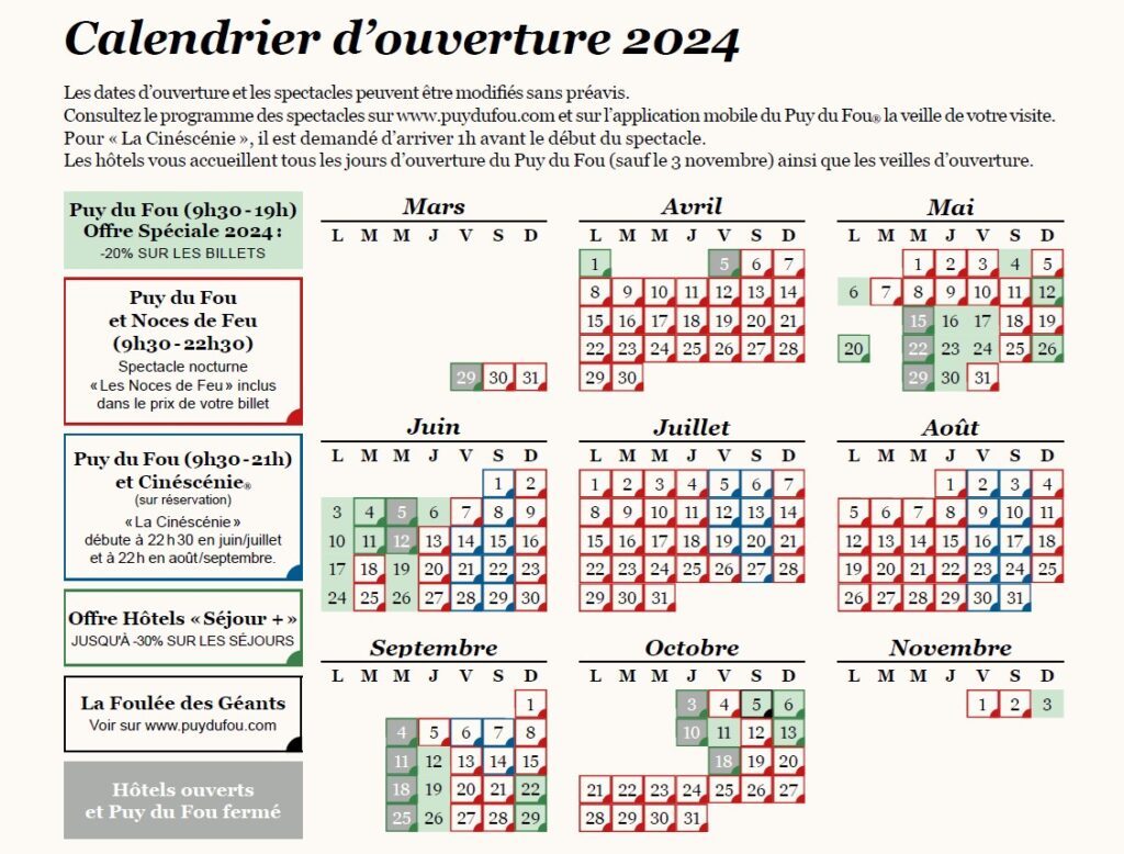 Calendrier d'ouverture du Puy du Fou 2024